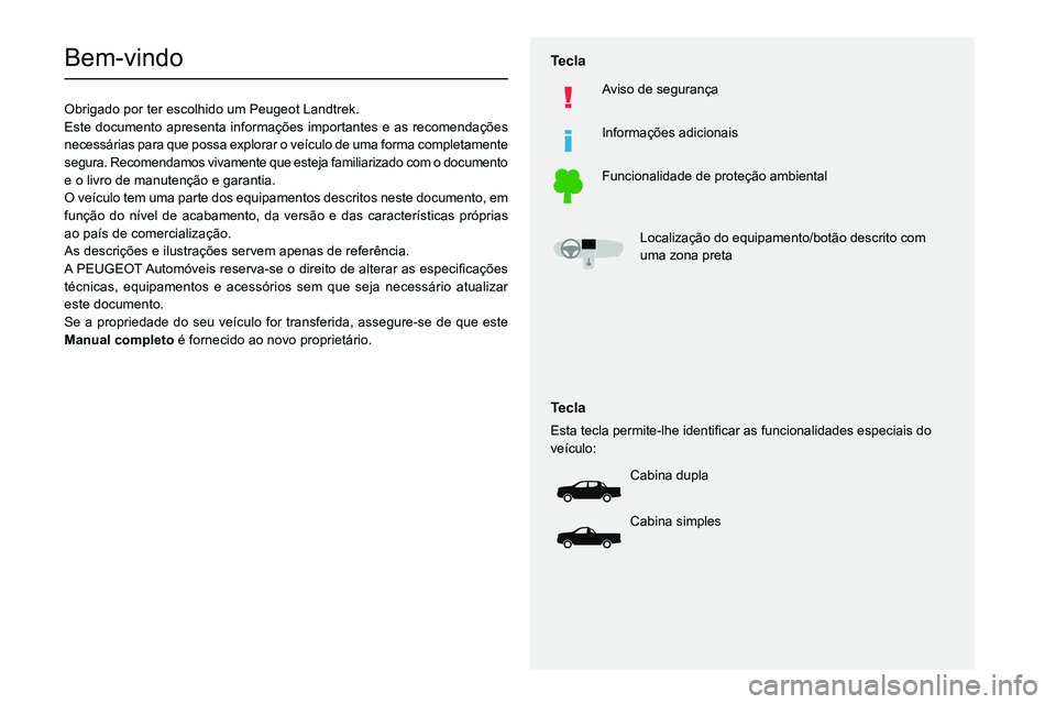 Peugeot Landtrek 2021  Manual do proprietário (in Portuguese)   
 
 
 
 
 
  
  
 
   
 
   
 
  
 
 
 
   
 
 
  
Bem-vindo
Obrigado por ter escolhido um Peugeot Landtrek.
Este documento apresenta informações importantes e as recomendações 
necessárias par