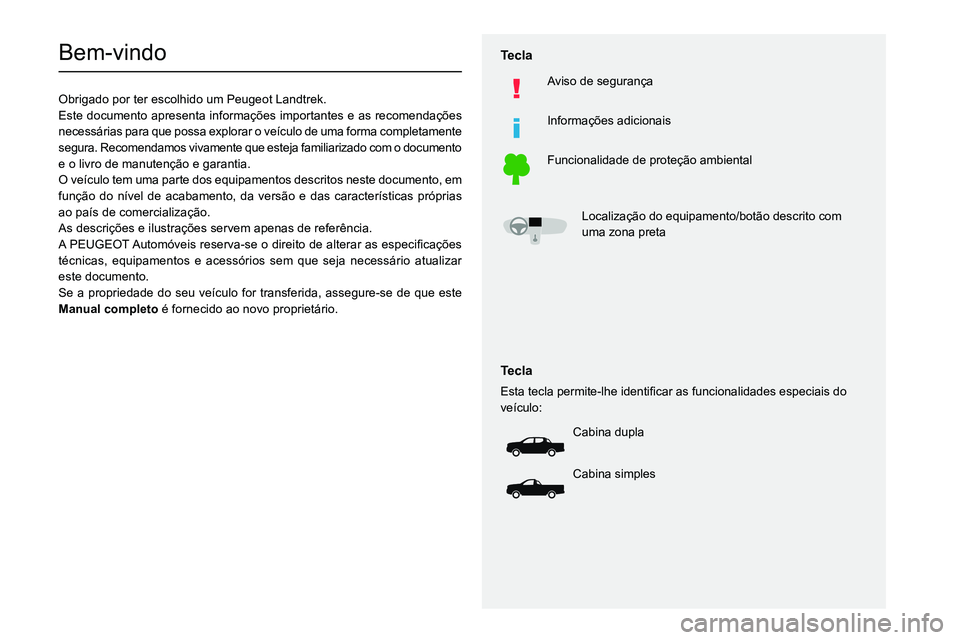 Peugeot Landtrek 2021 Manual do proprietário (in Portuguese)
Bem-vindo
Obrigado por ter escolhido um Peugeot Landtrek.
Este documento apresenta informações importantes e as recomendações
necessárias par Peugeot Landtrek 2021 Manual do proprietário (in Portuguese)
Bem-vindo
Obrigado por ter escolhido um Peugeot Landtrek.
Este documento apresenta informações importantes e as recomendações
necessárias par