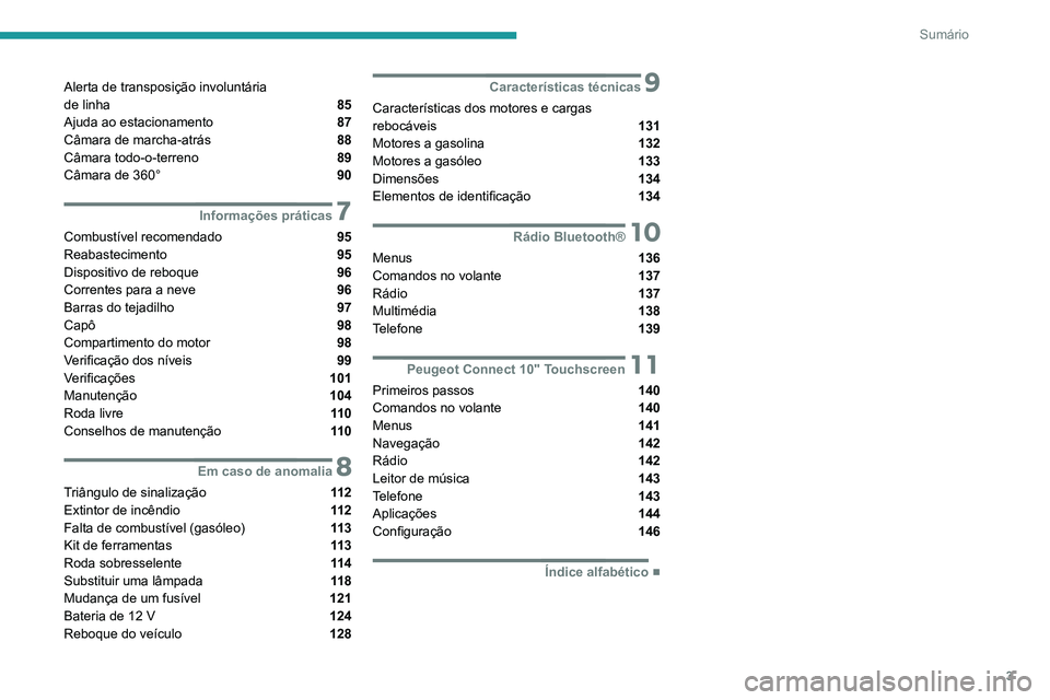 Peugeot Landtrek 2021  Manual do proprietário (in Portuguese) 3
Sumário
Alerta de transposição involuntária  
de linha  85
Ajuda ao estacionamento  87
Câmara de marcha-atrás  88
Câmara todo-o-terreno  89
Câmara de 360°  90
 7Informações práticas
Comb