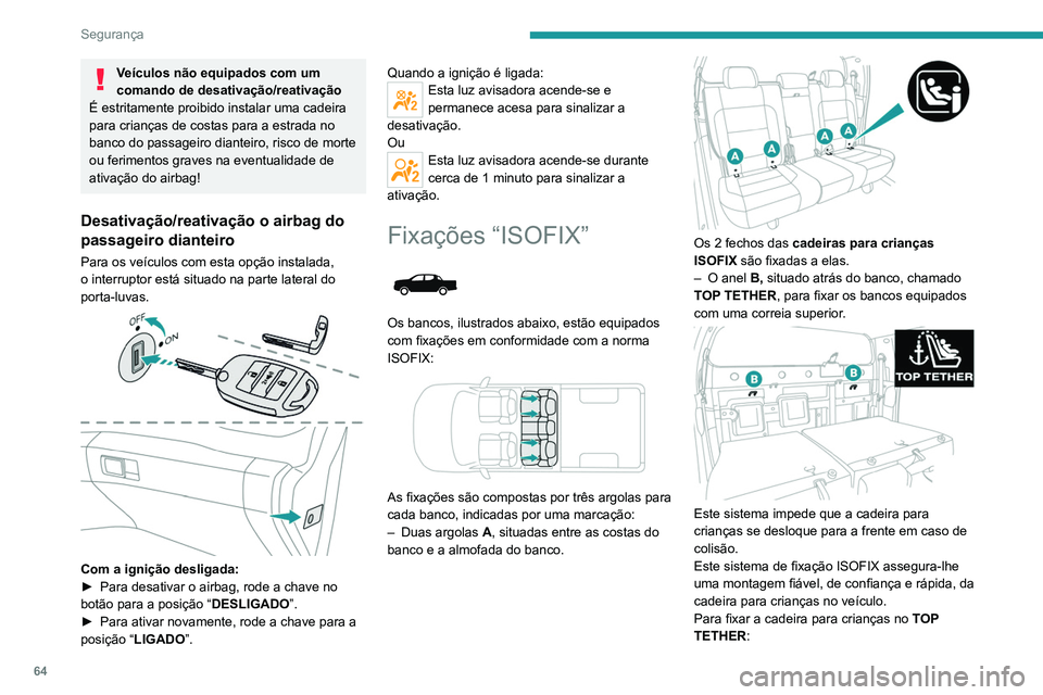 Peugeot Landtrek 2021  Manual do proprietário (in Portuguese) 64
Segurança
Veículos não equipados com um 
comando de desativação/reativação
É estritamente proibido instalar uma cadeira 
para crianças de costas para a estrada no 
banco do passageiro dian