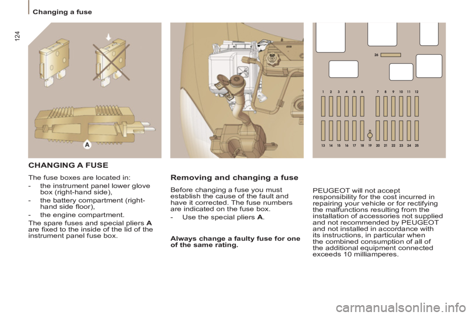 Peugeot 807 2013  Owners Manual 124
   
 
Changing a fuse  
 
 
CHANGING A FUSE 
 
The fuse boxes are located in: 
   
 
-   the instrument panel lower glove 
box (right-hand side), 
   
-   the battery compartment (right-
hand side