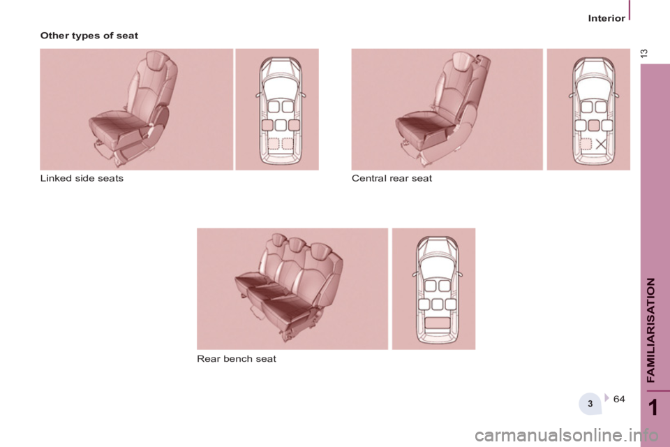 Peugeot 807 2013 User Guide 3
13
1
FAMILIARISATIO
N
Interior
Linked side seats Central rear seat
Rear bench seat
Other types of seat
64
Peugeot 807 2013 User Guide 3
13
1
FAMILIARISATIO
N
Interior
Linked side seats Central rear seat
Rear bench seat
Other types of seat
64