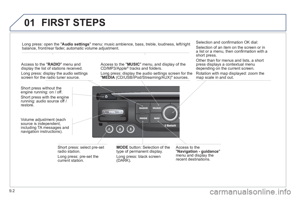 Peugeot 807 2013  Owners Manual 9.2
01  FIRST STEPS
 
 Access to the" Navigation - guidance"menu and display the
recent destinations.   Short 
press without the engine running: on / off. 
Short press with the engine
running: audio s