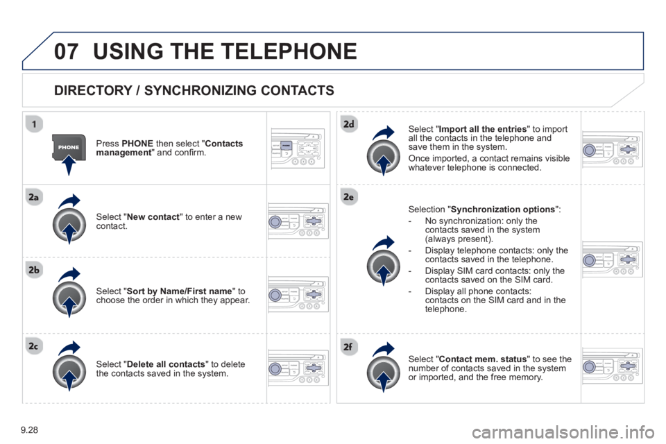Peugeot 807 2013  Owners Manual 9.28
07USING THE TELEPHONE
   
DIRECTORY / SYNCHRONIZING CONTACTS
 
 Press PHONE 
 then select " 
Contacts 
management  " and conﬁ rm.  
   
Select "New contact 
" to enter a new contact.
   
Select
