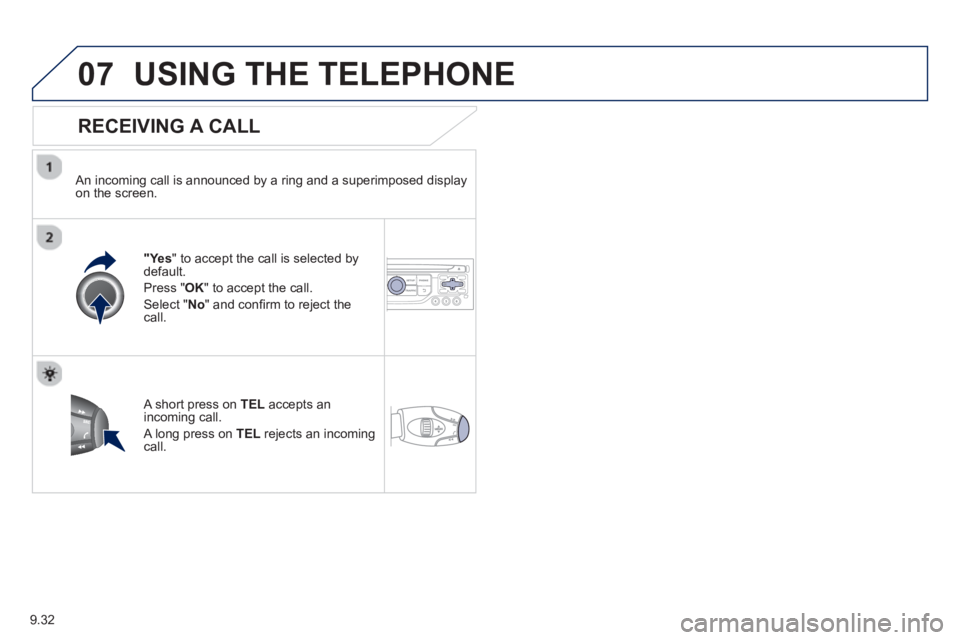 Peugeot 807 2013  Owners Manual 9.32
07USING THE TELEPHONE
   
RECEIVING A CALL
 
 An incoming call is announced by a ring and a superimposed displayon the screen.
"Yes" to accept the call is selected bydefault. 
Pr
ess " OK" to acc