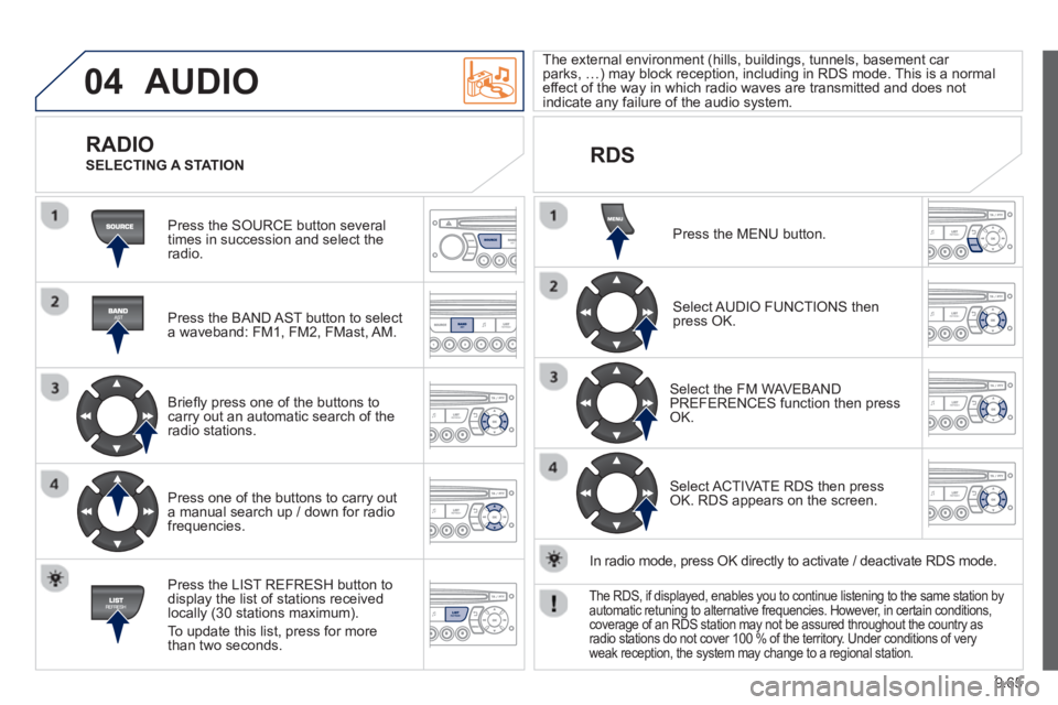 Peugeot 807 2013 Owners Manual 9.65
04 AUDIO
Press the SOURCE button several
times in succession and select theradio.
Press the BAND A
ST button to select
a waveband: FM1, FM2, FMast, AM.
Briefl
y press one of t Peugeot 807 2013 Owners Manual 9.65
04 AUDIO
Press the SOURCE button several
times in succession and select theradio.
Press the BAND A
ST button to select
a waveband: FM1, FM2, FMast, AM.
Briefl
y press one of t