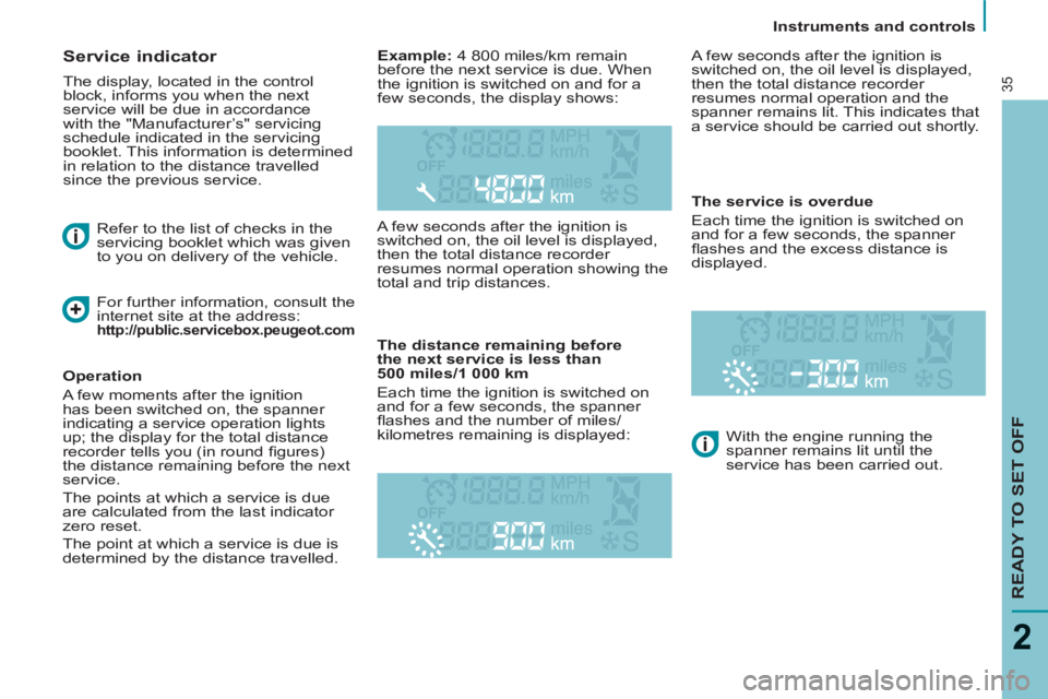 Peugeot 807 2013  Owners Manual    
 
Instruments and controls  
 
READY TO SET OFF
2
35
 
 
Service indicator 
 
The display, located in the control 
block, informs you when the next 
service will be due in accordance 
with the "Ma