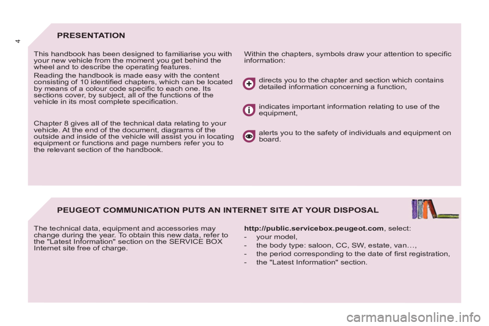 Peugeot 807 2013 Owners Manual 4PRESENTATION
Within the chapters, symbols draw your attention to specifi c
information: This handbook has been designed to familiarise you with
your new vehicle from the moment you get behind Peugeot 807 2013 Owners Manual 4PRESENTATION
Within the chapters, symbols draw your attention to specifi c
information: This handbook has been designed to familiarise you with
your new vehicle from the moment you get behind