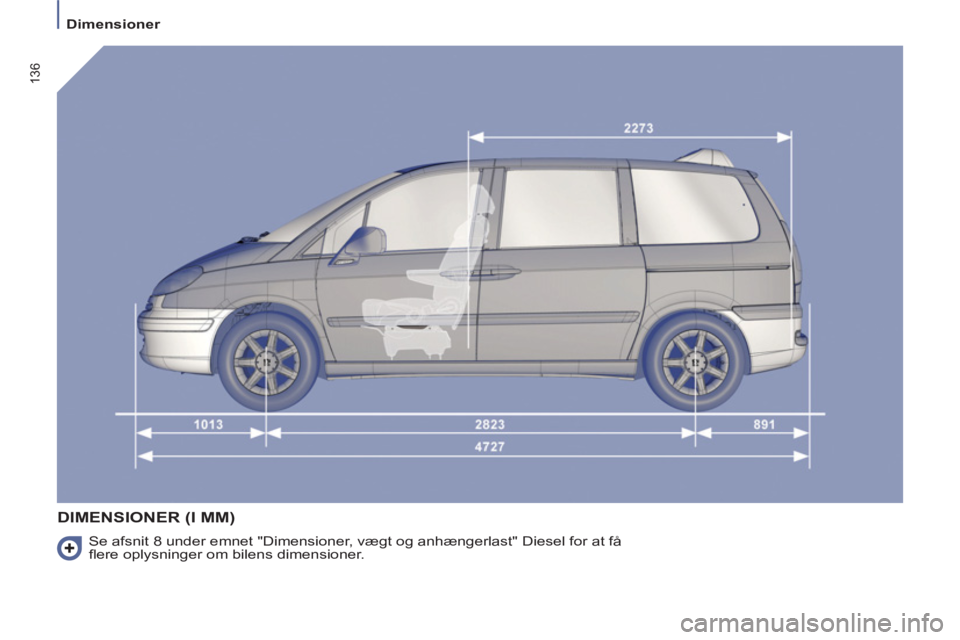 Peugeot 807 2013  Instruktionsbog (in Danish) 136
 Dimensioner 
  DIMENSIONER (I MM)
 
Se afsnit 8 under emnet "Dimensioner, vægt og anhængerlast" Diesel for at få 
ﬂ ere oplysninger om bilens dimensioner.  
