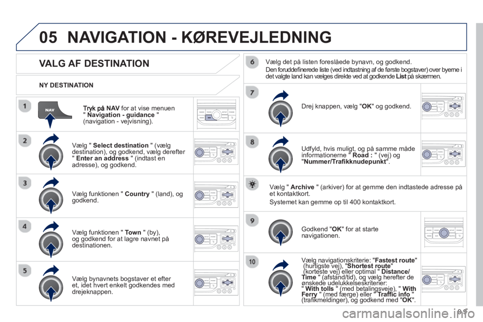 Peugeot 807 2013 Instruktionsbog (in Danish) 9.9
05
NAV
for at vise menuen " Navigation - guidance
" (navigation - vejvisning).
NY DESTINATION
NAVIGATION - KØREVEJLEDNING
VALG AF DESTINATION
Vælg " Select des Peugeot 807 2013 Instruktionsbog (in Danish) 9.9
05
NAV
for at vise menuen " Navigation - guidance
" (navigation - vejvisning).
NY DESTINATION
NAVIGATION - KØREVEJLEDNING
VALG AF DESTINATION
Vælg " Select des