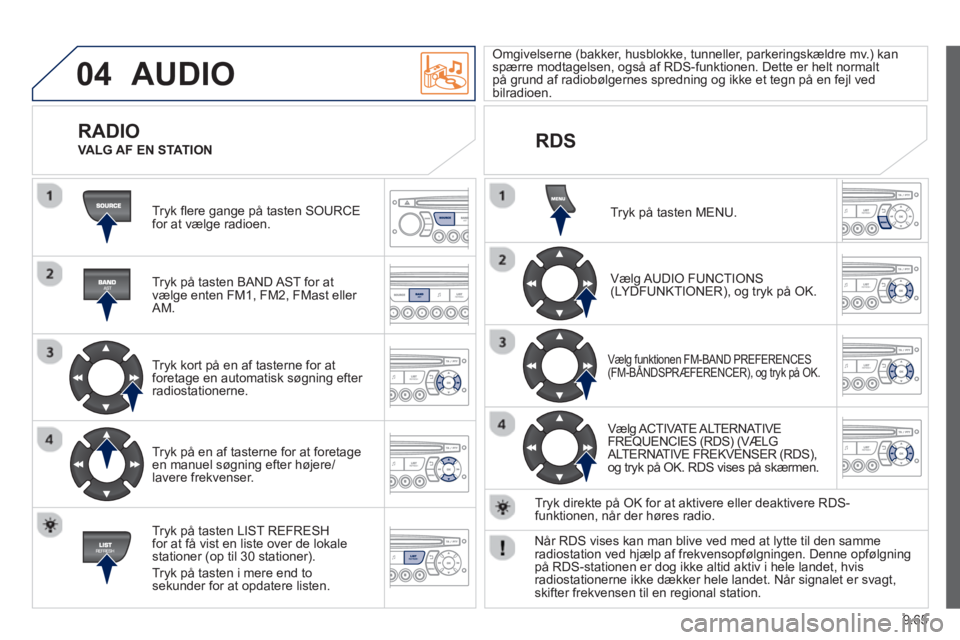 Peugeot 807 2013  Instruktionsbog (in Danish) 9.65
04  AUDIO 
 
Tryk ﬂ ere gange på tasten SOURCE for at vælge radioen.  
   
Tryk på tasten BAND AST for at 
væl
ge enten FM1, FM2, FMast eller AM.
   
Tr
yk kort på en af tasterne for at fo