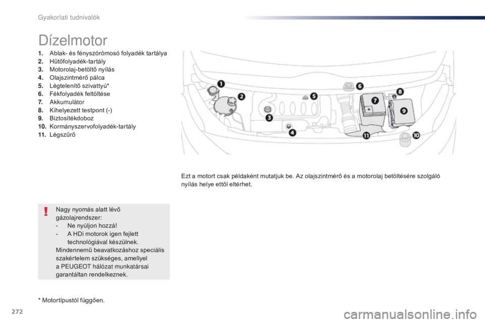 Peugeot Traveller 2016  Kezelési útmutató (in Hungarian) 272
Traveller-VP_hu_Chap07_info-pratiques_ed01-2016
* Motortípustól függően.
Dízelmotor
1. Ablak- és fényszórómosó folyadék tartálya
2. Hűtőfolyadék-tartály
3.
 M

otorolaj-betöltő n