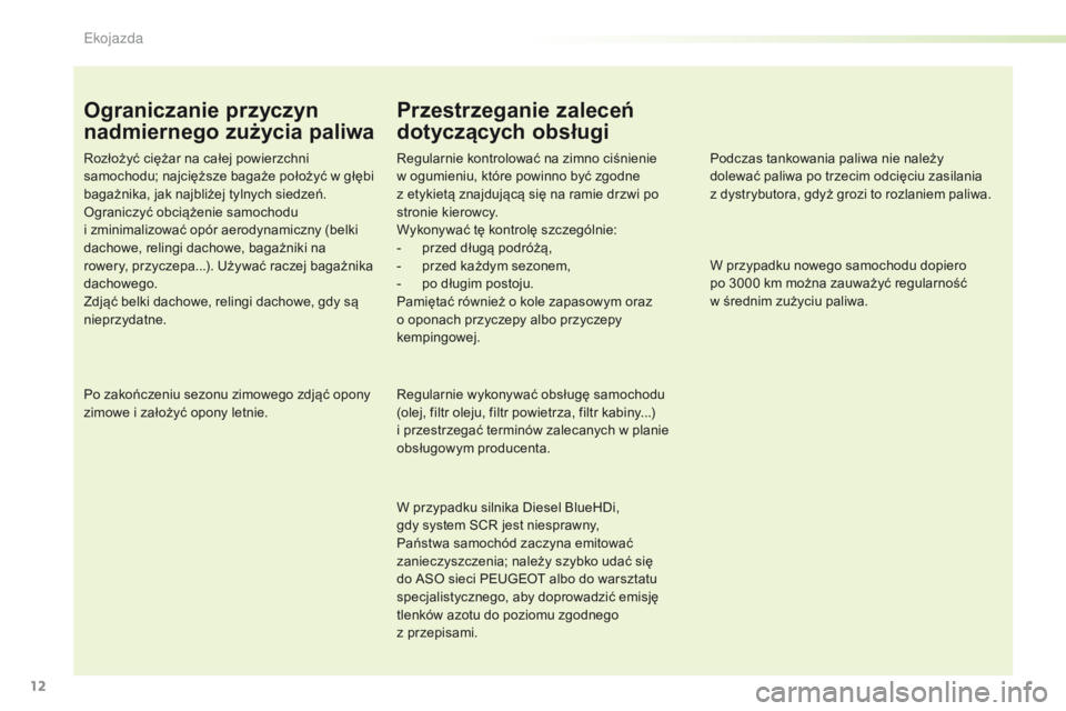 Peugeot Traveller 2016 Instrukcja Obsługi (in Polish) 12
Traveller-VP_pl_Chap00c_eco-conduite_ed01-2016
Ograniczanie przyczyn
nadmiernego zużycia paliwa
Rozłożyć ciężar na całej powierzchni
samochodu; najcięższe bagaże położyć w głębi
b Peugeot Traveller 2016 Instrukcja Obsługi (in Polish) 12
Traveller-VP_pl_Chap00c_eco-conduite_ed01-2016
Ograniczanie przyczyn
nadmiernego zużycia paliwa
Rozłożyć ciężar na całej powierzchni
samochodu; najcięższe bagaże położyć w głębi
b