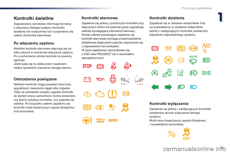 Peugeot Traveller 2016  Instrukcja Obsługi (in Polish) 15
Traveller-VP_pl_Chap01_instruments-de-bord_ed01-2016
Kontrolki świetlne
Sygnalizatory wzrokowe informują kierowcę 
o  włączeniu danego systemu (kontrolki 
działania lub wyłączenia) lub o
  