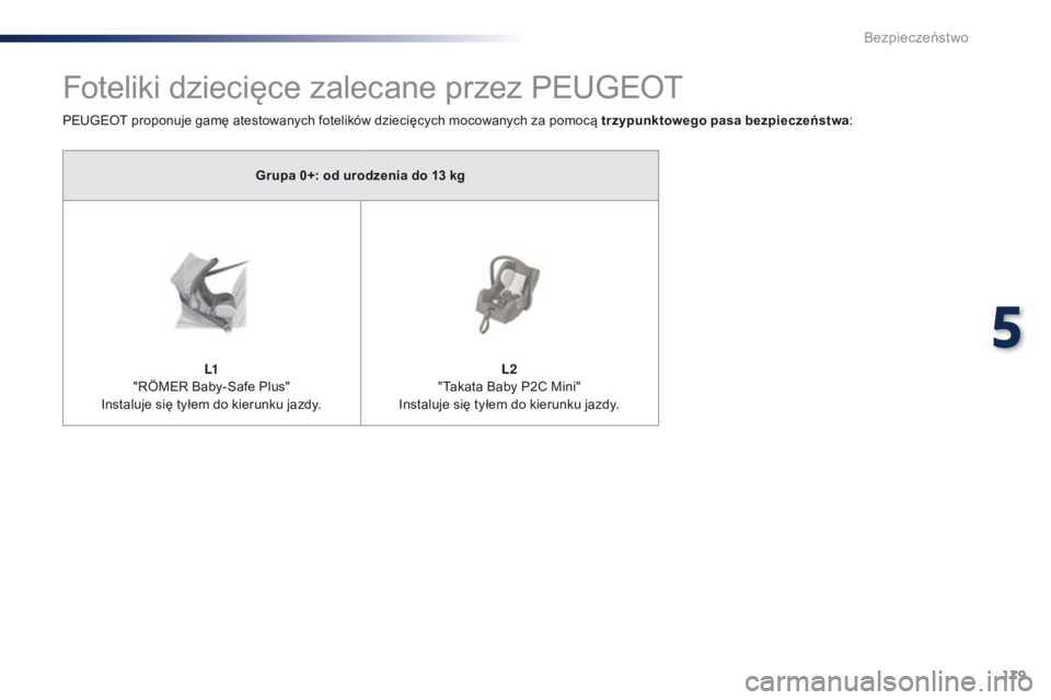 Peugeot Traveller 2016 Instrukcja Obsługi (in Polish) 179
Traveller-VP_pl_Chap05_securite_ed01-2016
Foteliki dziecięce zalecane przez PEUGEOT
PEUGEOT proponuje gamę atestowanych fotelików dziecięcych mocowanych za pomocą trzypunktowego pasa bezpiecz Peugeot Traveller 2016 Instrukcja Obsługi (in Polish) 179
Traveller-VP_pl_Chap05_securite_ed01-2016
Foteliki dziecięce zalecane przez PEUGEOT
PEUGEOT proponuje gamę atestowanych fotelików dziecięcych mocowanych za pomocą trzypunktowego pasa bezpiecz