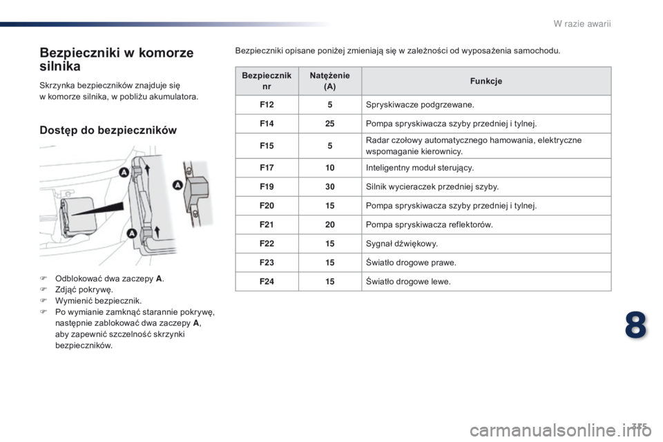 Peugeot Traveller 2016 Instrukcja Obsługi (in Polish) 315
Traveller-VP_pl_Chap08_En-cas-de-panne_ed01-2016
Bezpieczniki w komorze
silnika
F Odblokować dwa zaczepy A .
F Z djąć pokrywę.
F
W
ymienić bezpiecznik.
F
P
o wymianie zamknąć staran Peugeot Traveller 2016 Instrukcja Obsługi (in Polish) 315
Traveller-VP_pl_Chap08_En-cas-de-panne_ed01-2016
Bezpieczniki w komorze
silnika
F Odblokować dwa zaczepy A .
F Z djąć pokrywę.
F
W
ymienić bezpiecznik.
F
P
o wymianie zamknąć staran