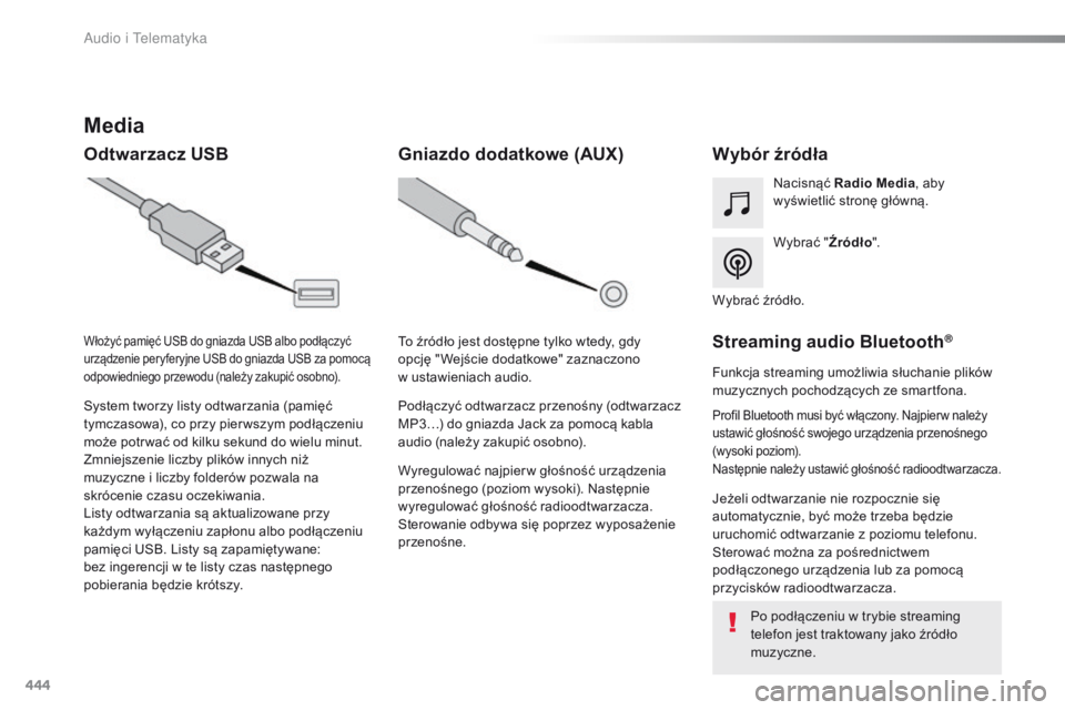 Peugeot Traveller 2016  Instrukcja Obsługi (in Polish) 444
Traveller-VP_pl_Chap10c_RCC-1_ed01-2016
Media
Odtwarzacz USBWybór źródła
Wybrać "Źródło".
Nacisnąć 
Radio Media , aby 
wyświetlić stronę główną.
System tworzy listy odtwarz