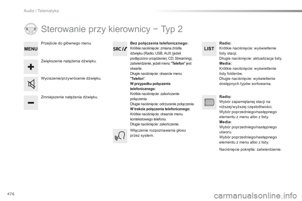 Peugeot Traveller 2016  Instrukcja Obsługi (in Polish) 476
Sterowanie przy kierownicy − Typ 2
Zmniejszenie natężenia dźwięku. Wyciszenie/przywrócenie dźwięku.Bez
 połą czenia telefonicznego :
Krótkie naciśnięcie: zmiana źródła 
dźwięku 