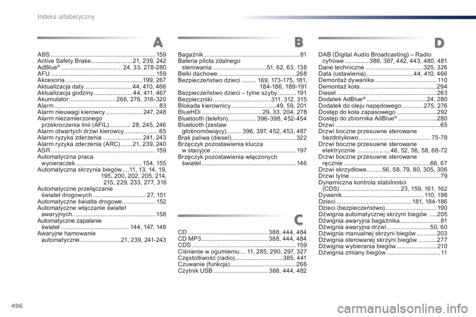 Peugeot Traveller 2016  Instrukcja Obsługi (in Polish) 496
Traveller-VP_pl_Chap11_index-alpha_ed01-2016
ABS ...............................................................159
Active Safety Brake......................... 21, 239, 242
AdBlue
® ............