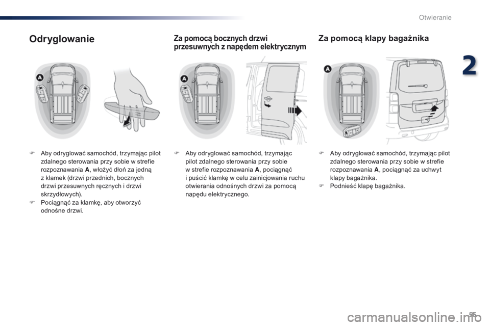 Peugeot Traveller 2016  Instrukcja Obsługi (in Polish) 55
Traveller-VP_pl_Chap02_ouvertures_ed01-2016
Odryglowanie
F Aby odryglować samochód, trzymając pilot zdalnego sterowania przy sobie w   strefie 
rozpoznawania  A, włożyć dłoń za jedną 
z kl