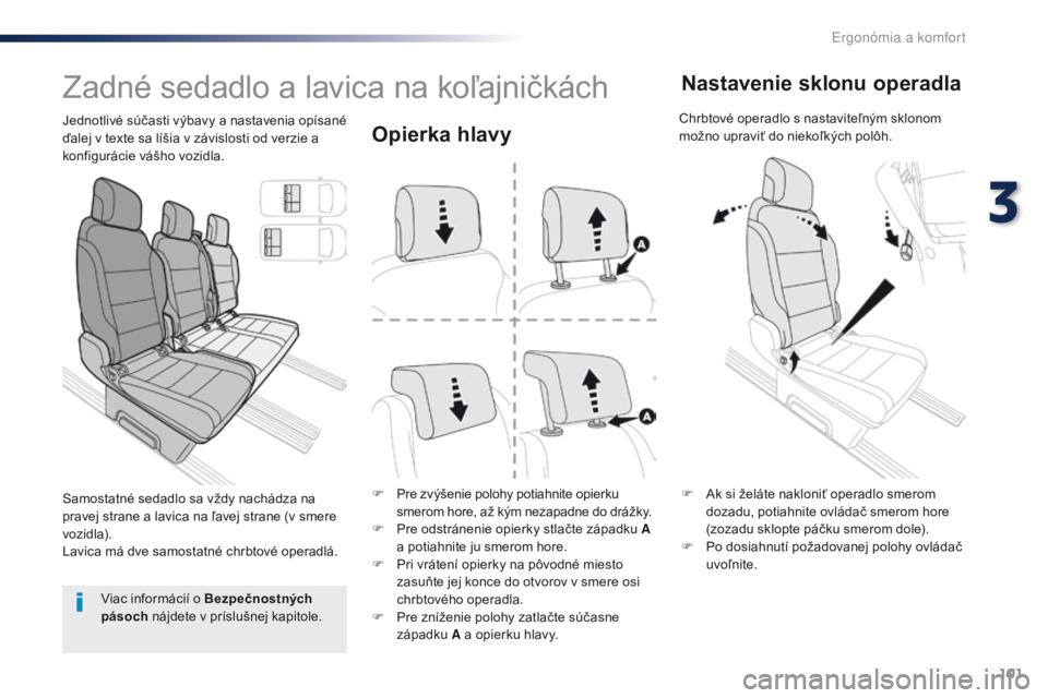 Peugeot Traveller 2016  Užívateľská príručka (in Slovak) 101
Traveller-VP_sk_Chap03_ergonomie-et-confort_ed01-2016
Opierka hlavy
F Pre zvýšenie polohy potiahnite opierku smerom hore, až kým nezapadne do drážky.
F
 
P
 re odstránenie opierky stlačte 