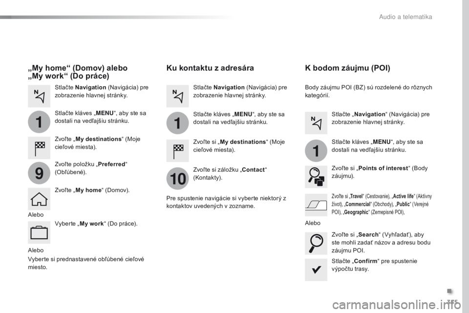 Peugeot Traveller 2016  Užívateľská príručka (in Slovak) 355
1
10
1
1
9
Traveller-VP_sk_Chap10b_NAC-1_ed01-2016
Alebo
Ku kontaktu z adresára
Zvoľte si „My destinations “ (Moje 
cieľové miesta).
Zvoľte si záložku „Contact “ 
(Kontakty). Stlač