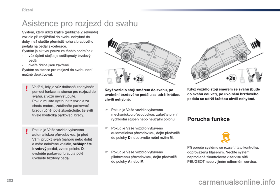 Peugeot Traveller 2016  Návod k obsluze (in Czech) 202
Traveller-VP_cs_Chap06_conduite_ed01-2016
Asistence pro rozjezd do svahu
Systém, který udrží krátce (přibližně 2 sekundy) 
vozidlo při rozjíždění do svahu nehybné do 
doby, než sta