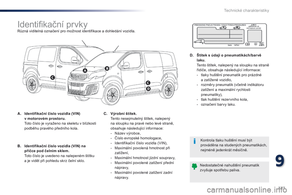 Peugeot Traveller 2016 Návod k obsluze (in Czech) 327
Traveller-VP_cs_Chap09_caracteristiques-techniques_ed01-2016
Identifikační prvkyRůzná viditelná označení pro možnost identifikace a dohledání vozidla.
A.
I
dentifikační číslo vozidl Peugeot Traveller 2016 Návod k obsluze (in Czech) 327
Traveller-VP_cs_Chap09_caracteristiques-techniques_ed01-2016
Identifikační prvkyRůzná viditelná označení pro možnost identifikace a dohledání vozidla.
A.
I
dentifikační číslo vozidl