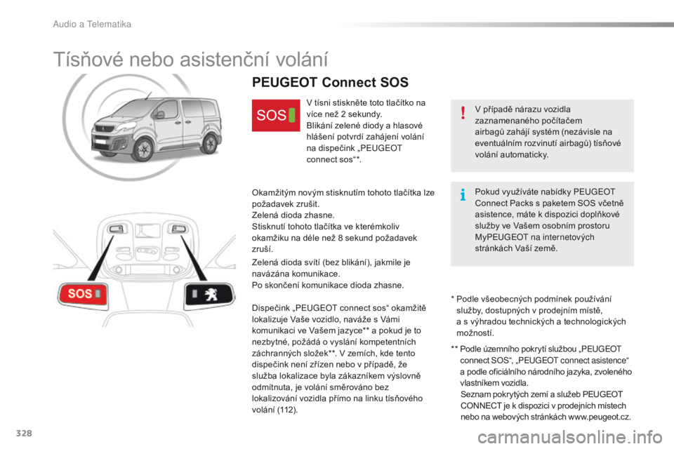 Peugeot Traveller 2016 Návod k obsluze (in Czech) 328
Traveller-VP_cs_Chap10a_BTA_ed01-2016
Tísňové nebo asistenční volání
V případě nárazu vozidla
zaznamenaného počítačem
airbagů zahájí systém (nezávisle na
eventuálním rozvi Peugeot Traveller 2016 Návod k obsluze (in Czech) 328
Traveller-VP_cs_Chap10a_BTA_ed01-2016
Tísňové nebo asistenční volání
V případě nárazu vozidla
zaznamenaného počítačem
airbagů zahájí systém (nezávisle na
eventuálním rozvi