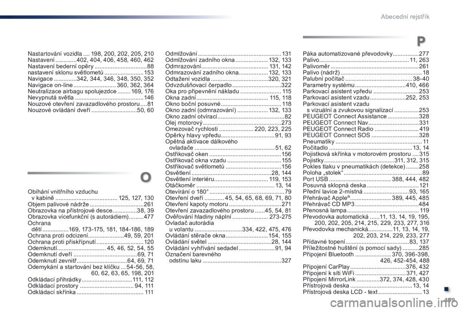 Peugeot Traveller 2016  Návod k obsluze (in Czech) 499
Traveller-VP_cs_Chap11_index-alpha_ed01-2016
Nastartování vozidla .... 198, 200, 202, 205, 210
Nastavení .............4 02, 404, 406, 458, 460, 462
Nastavení bederní opěry
 
................