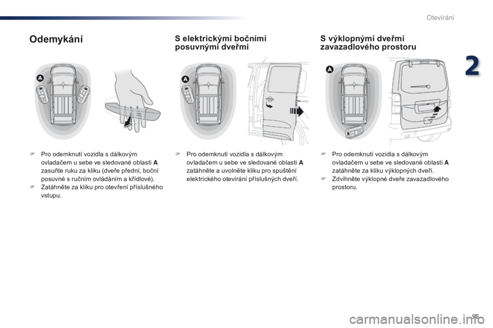 Peugeot Traveller 2016 Návod k obsluze (in Czech) 55
Traveller-VP_cs_Chap02_ouvertures_ed01-2016
Odemykání
F Pro odemknutí vozidla s dálkovým ovladačem u sebe ve sledované oblasti A
zasuňte ruku za kliku (dveře přední, boční
posuvné s Peugeot Traveller 2016 Návod k obsluze (in Czech) 55
Traveller-VP_cs_Chap02_ouvertures_ed01-2016
Odemykání
F Pro odemknutí vozidla s dálkovým ovladačem u sebe ve sledované oblasti A
zasuňte ruku za kliku (dveře přední, boční
posuvné s