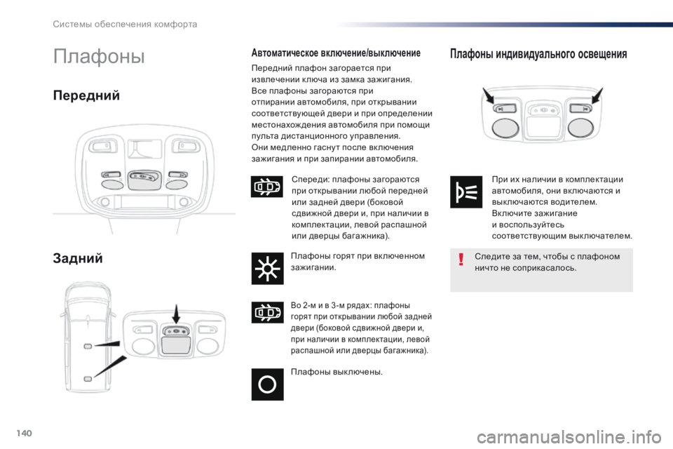 Peugeot Traveller 2016 Инструкция по эксплуатации (in Russian) 140
Traveller-VP_ru_Chap03_ergonomie-et-confort_ed01-2016
Плафоны индивидуального освещения
Задний
ПлафоныАвтоматическое включение/в Peugeot Traveller 2016 Инструкция по эксплуатации (in Russian) 140
Traveller-VP_ru_Chap03_ergonomie-et-confort_ed01-2016
Плафоны индивидуального освещения
Задний
ПлафоныАвтоматическое включение/в