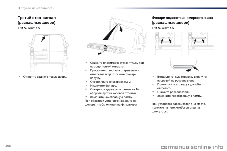Peugeot Traveller 2016  Инструкция по эксплуатации (in Russian) 306
Traveller-VP_ru_Chap08_En-cas-de-panne_ed01-2016
Фонари подсветки номерного знака
(распашные двери)
Тип A, W5W-5W
F
 
С

нимите пластма