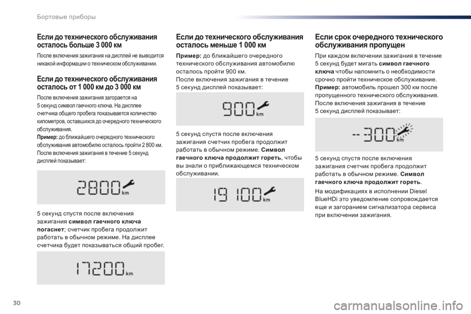 Peugeot Traveller 2016  Инструкция по эксплуатации (in Russian) 30
Если до технического обслуживания 
осталось от 1 000 км до 3 000 км
После вк лючения зажигания загорается на 
5  с�