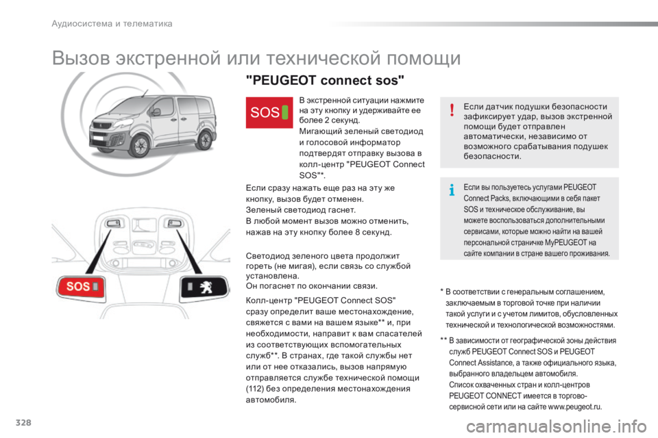 Peugeot Traveller 2016 Инструкция по эксплуатации (in Russian) 328
Traveller-VP_ru_Chap10a_BTA_ed01-2016
Вызов экстренной или технической помощи
Если датчик подушки безопасности
зафиксируе Peugeot Traveller 2016 Инструкция по эксплуатации (in Russian) 328
Traveller-VP_ru_Chap10a_BTA_ed01-2016
Вызов экстренной или технической помощи
Если датчик подушки безопасности
зафиксируе