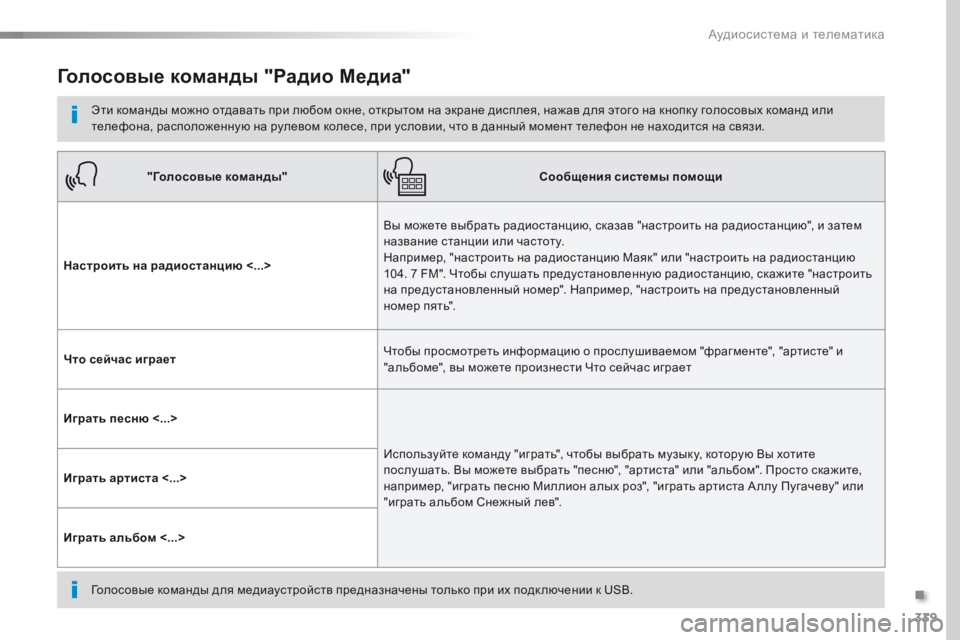 Peugeot Traveller 2016  Инструкция по эксплуатации (in Russian) 339
Traveller-VP_ru_Chap10b_NAC-1_ed01-2016
Голосовые команды "Радио Медиа"
Эти команды можно отдавать при любом окне, открыт