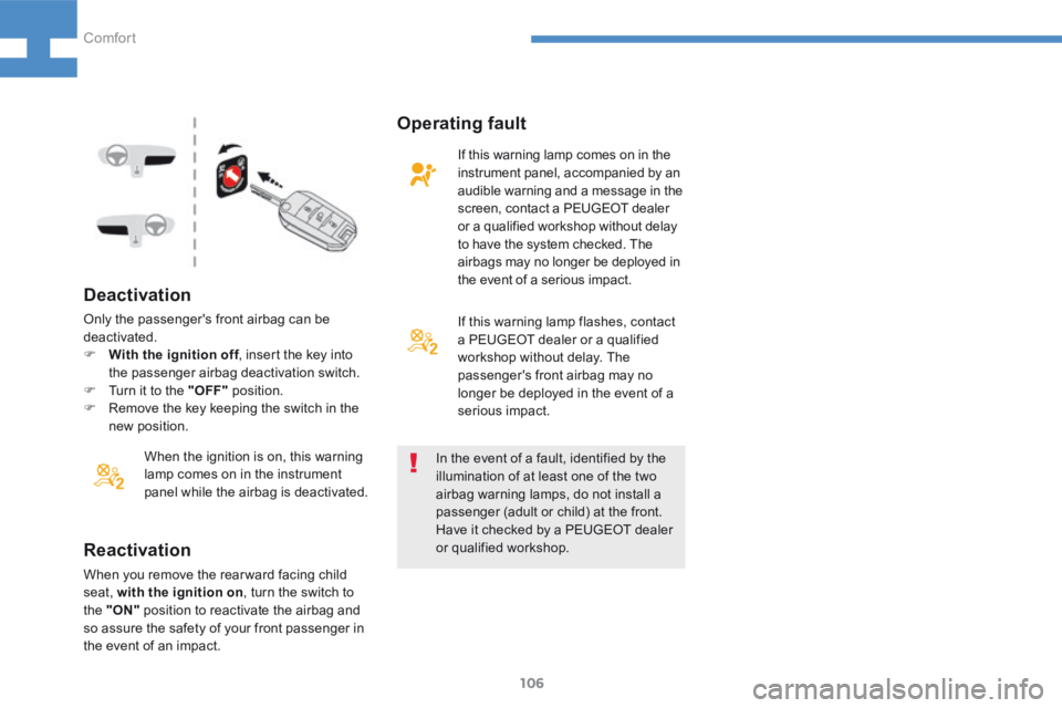 Peugeot 208 2015 Owners Manual - RHD (UK, Australia) 106
208_en_Chap04_confort_ed01-2015
Deactivation
When the ignition is on, this warning
lamp comes on in the instrument
panel while the airbag is deactivated.In the event of a fault, identified by th Peugeot 208 2015 Owners Manual - RHD (UK, Australia) 106
208_en_Chap04_confort_ed01-2015
Deactivation
When the ignition is on, this warning
lamp comes on in the instrument
panel while the airbag is deactivated.In the event of a fault, identified by th