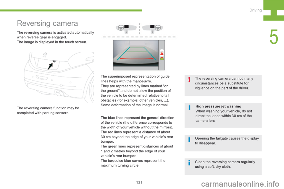 Peugeot 208 2015  Owners Manual - RHD (UK, Australia) 121
208_en_Chap05_conduite_ed01-2015
Reversing camera
The reversing camera function may be 
completed with parking sensors.The reversing camera cannot in any 
circumstances be a substitute for 
vigila