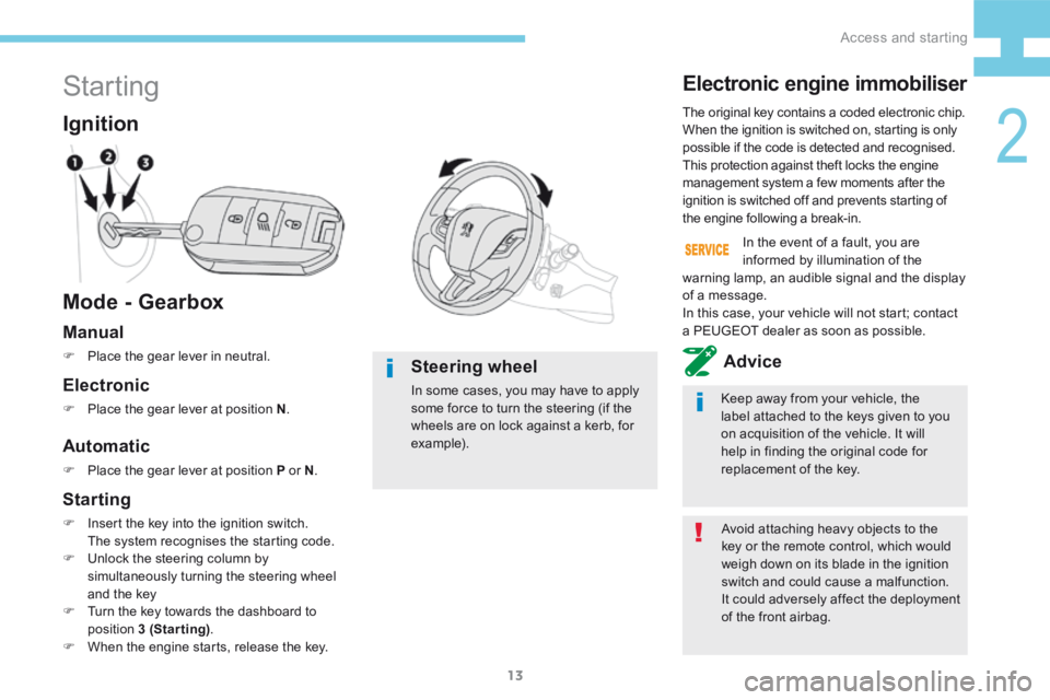 Peugeot 208 2015   - RHD (UK, Australia) User Guide 13
208_en_Chap02_ Acces-Demarrage_ed01-2015
Starting
Mode - Gearbox Ignition
Avoid attaching heavy objects to the 
key or the remote control, which would 
weigh down on its blade in the ignition 
swit