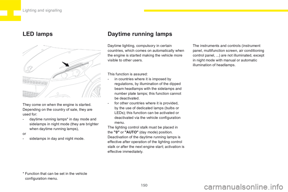 Peugeot 208 2015  Owners Manual - RHD (UK, Australia) 150
208_en_Chap06_Feux-Signalisations_ed01-2015
Daytime running lamps
Daytime lighting, compulsory in certain 
countries, which comes on automatically when 
the engine is started making the vehicle mo