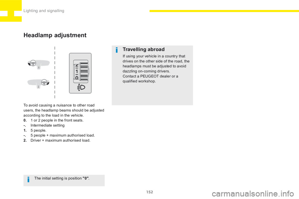 Peugeot 208 2015  Owners Manual - RHD (UK, Australia) 152
208_en_Chap06_Feux-Signalisations_ed01-2015
Headlamp adjustment
To avoid causing a nuisance to other road 
users, the headlamp beams should be adjusted 
according to the load in the vehicle.
0.  1