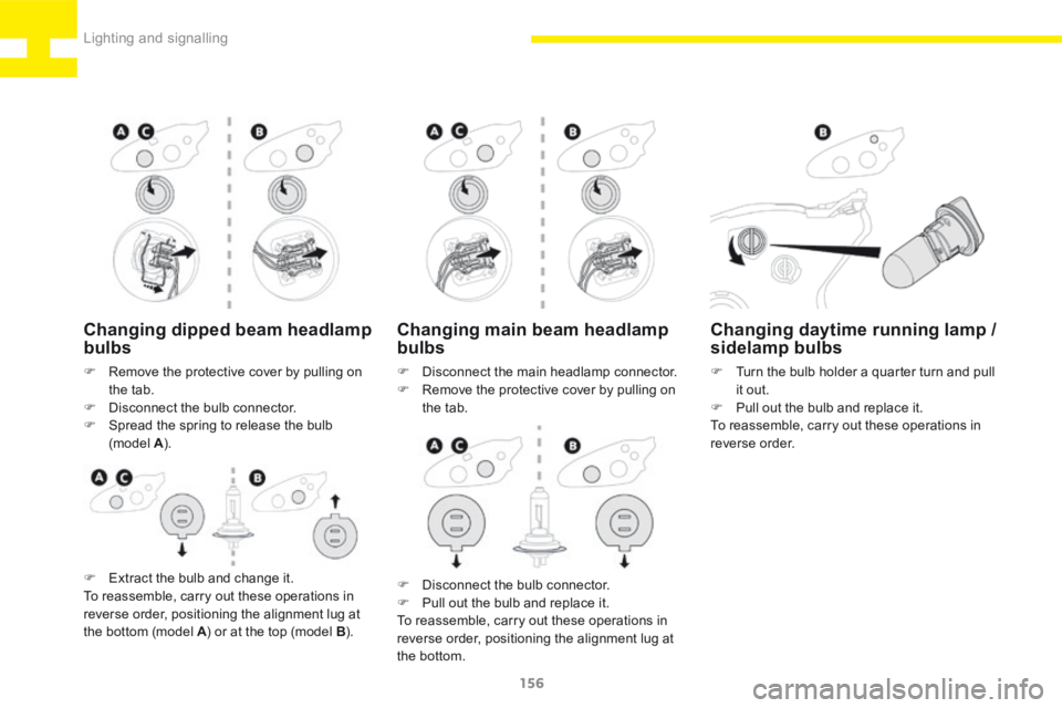 Peugeot 208 2015  Owners Manual - RHD (UK, Australia) 156
208_en_Chap06_Feux-Signalisations_ed01-2015
Changing main beam headlamp 
bulbs
F Disconnect the main headlamp connector.
F  Remove the protective cover by pulling on 
the tab.
Changing daytime run