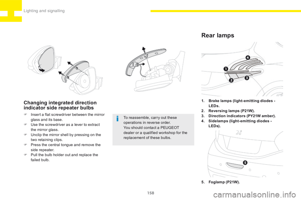 Peugeot 208 2015  Owners Manual - RHD (UK, Australia) 158
208_en_Chap06_Feux-Signalisations_ed01-2015
1.  Brake lamps (light- emitting diodes - 
LEDs.
2.   Reversing lamps (P21W).
3.   Direction indicators (PY21W amber).
4.   Sidelamps (light-emitting di