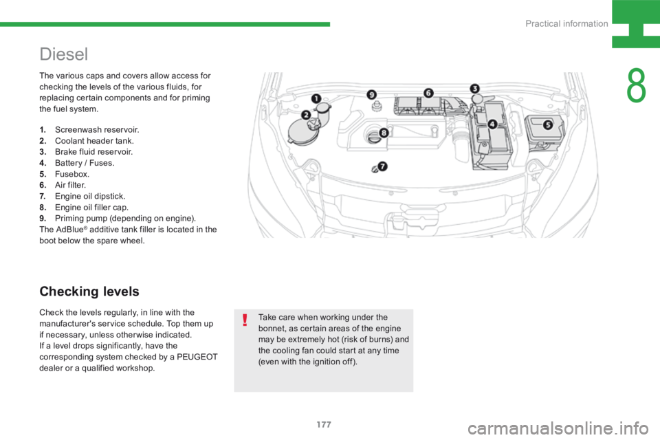 Peugeot 208 2015  Owners Manual - RHD (UK, Australia) 177
208_en_Chap08_Informations-pratiques_ed01-2015
The various caps and covers allow access for 
checking the levels of the various fluids, for 
replacing certain components and for priming 
the fuel 