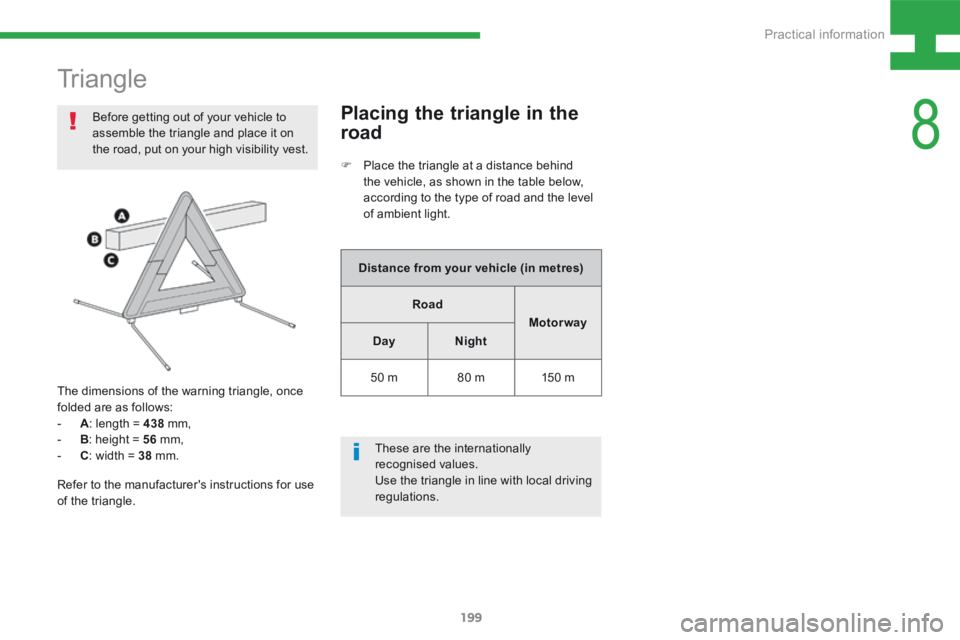 Peugeot 208 2015 Owners Manual - RHD (UK, Australia) 199
208_en_Chap08_Informations-pratiques_ed01-2015
Triangle
Before getting out of your vehicle to
assemble the triangle and place it on
the road, put on your high visibility vest.
The dimensions of Peugeot 208 2015 Owners Manual - RHD (UK, Australia) 199
208_en_Chap08_Informations-pratiques_ed01-2015
Triangle
Before getting out of your vehicle to
assemble the triangle and place it on
the road, put on your high visibility vest.
The dimensions of