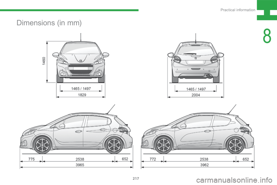 Peugeot 208 2015  Owners Manual - RHD (UK, Australia) 217
208_en_Chap08_Informations-pratiques_ed01-2015
Dimensions (in mm)
8 
Practical information  