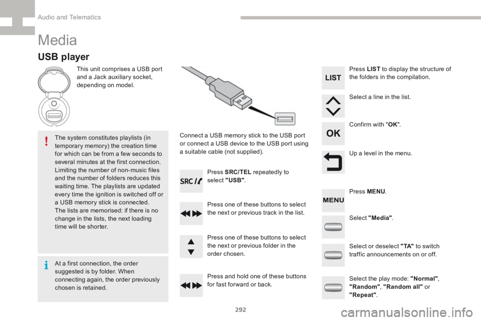 Peugeot 208 2015  Owners Manual - RHD (UK, Australia) 292
208_en_Chap9c_RDE2_ed01-2015
Media
USB player
This unit comprises a USB port 
and a Jack auxiliary socket, 
depending on model.Connect a USB memory stick to the USB port 
or connect a USB device t