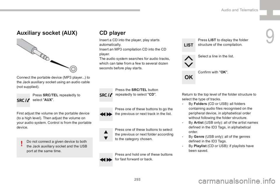 Peugeot 208 2015  Owners Manual - RHD (UK, Australia) 293
208_en_Chap9c_RDE2_ed01-2015
Press the SRC/TEL button 
repeatedly to select " CD".
Press one of these buttons to go the 
the previous or next track in the list.
Press and hold one of these