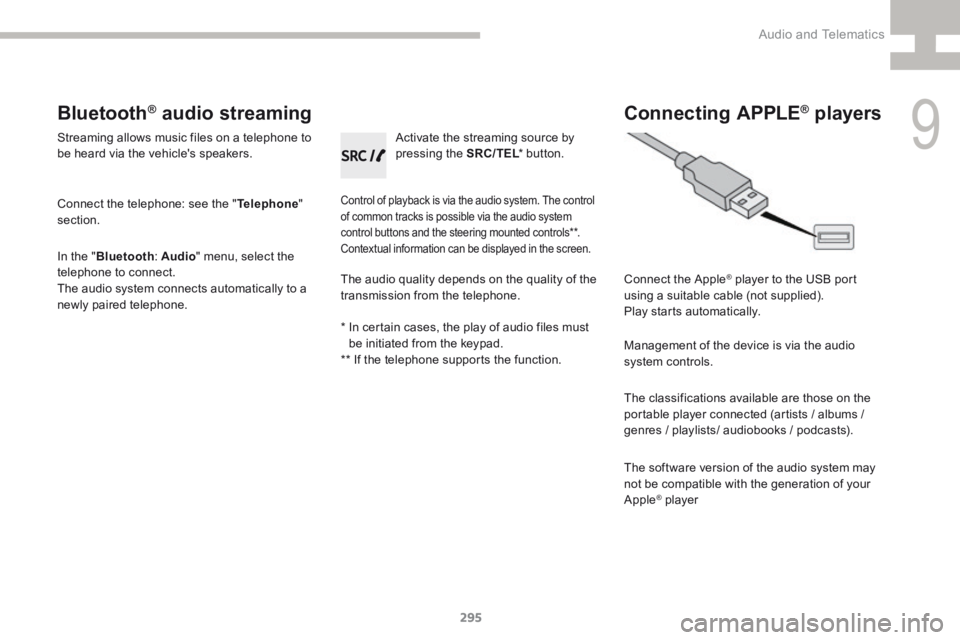 Peugeot 208 2015  Owners Manual - RHD (UK, Australia) 295
208_en_Chap9c_RDE2_ed01-2015
Bluetooth® audio streaming
Streaming allows music files on a telephone to 
be heard via the vehicle's speakers.
Connect the telephone: see the "Telephone"