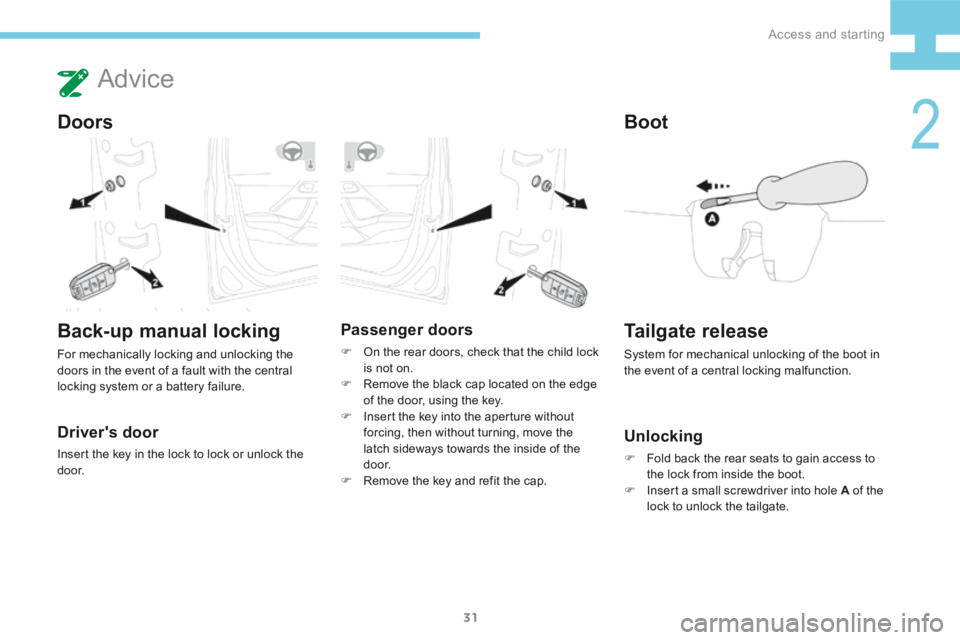 Peugeot 208 2015   - RHD (UK, Australia) Owners Guide 31
208_en_Chap02_ Acces-Demarrage_ed01-2015
Advice
Doors
Driver's door
Insert the key in the lock to lock or unlock the 
d o o r.
Tailgate release
System for mechanical unlocking of the boot in 
t